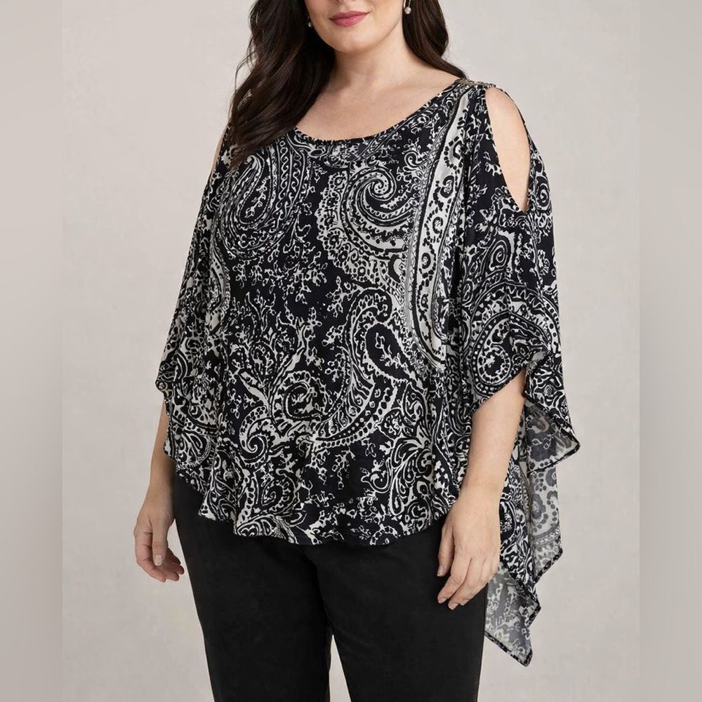 Joseph Ribkoff Paisley Beaded Cold Shoulder Cape Sleeve Top Black White Size 20